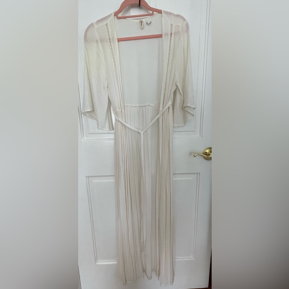 Elan white Maxi Beach cover up dress ties at waist crochet detail Size S